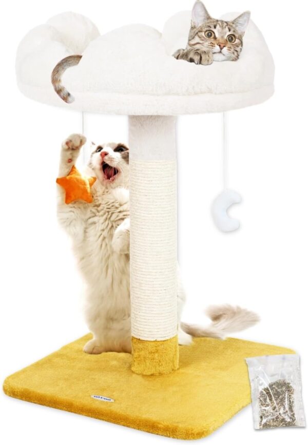 Cloud Cat Tree, Cat Scratching Post with Bed, Small Cat Tree for Kittens, Cat Scratch Post with Cloud-Shaped Soft Perch & Cute Toys, Removeable Cover, Bonus Catnip