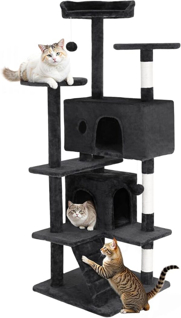 Cat Tree 54in Cat Tower Multi-Level Durable Cat Scratching Post & Cozy Fun Cat Jumping Platform Space Saving Cat Condo Pet Play House for Indoor Cats,Grey