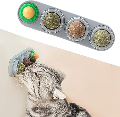 4 Catnip Silvervine Ball Toys, Extra Cat Energy Ball, Edible Cats Lick Kitten Chew, Teeth Cleaning Dental Wall Treats, Concentrated Flavor for All Breeds