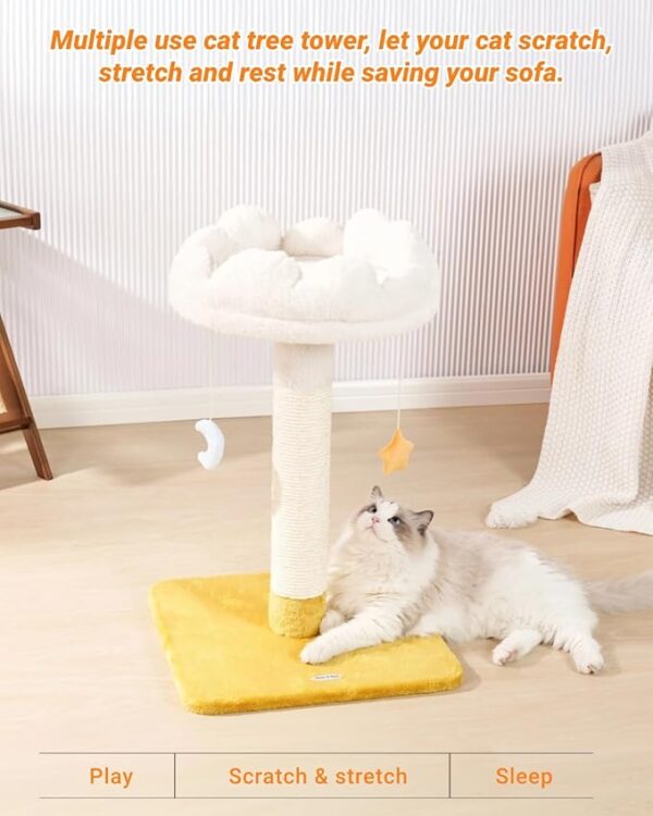 Cloud Cat Tree, Cat Scratching Post with Bed, Small Cat Tree for Kittens, Cat Scratch Post with Cloud-Shaped Soft Perch & Cute Toys, Removeable Cover, Bonus Catnip