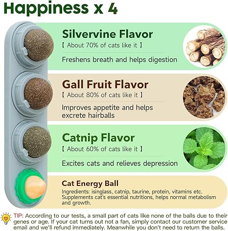 4 Catnip Silvervine Ball Toys, Extra Cat Energy Ball, Edible Cats Lick Kitten Chew, Teeth Cleaning Dental Wall Treats, Concentrated Flavor for All Breeds