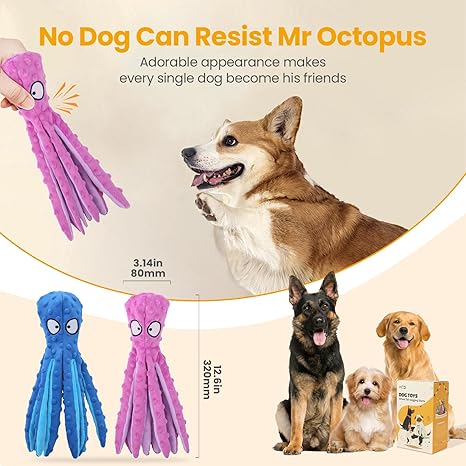 Squeaky Dog Toys - Octopus No Stuffing Crinkle Plush Large Dog Toys to Keep Them Busy, Interactive Puppy Teething Chewing Pet Supplies for Chewer, Small, Medium, Large Breeds, 2 Pack