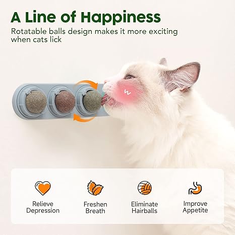 4 Catnip Silvervine Ball Toys, Extra Cat Energy Ball, Edible Cats Lick Kitten Chew, Teeth Cleaning Dental Wall Treats, Concentrated Flavor for All Breeds