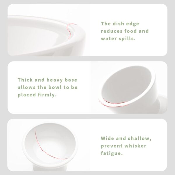 2 Elevated Ceramic Cat Bowls Extra Wide for Food & Water – Whisker Fatigue Shallow Food Dish, Lead & Cadmium-Free, Raised Height for Cats and Dogs, Two Different Depth Bowls, White