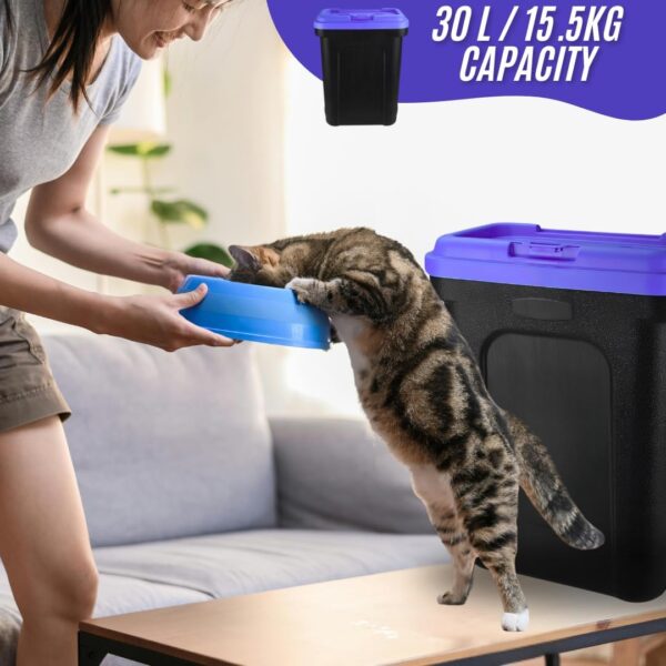 Pet Food Storage Container | Large 30L/15.5kg Plastic Storage Bin with Food Scoop & Flip-Top Locking Lid | Ideal for Storing Dog Treats, Dog Food, Cat Food & Kitten Supplies