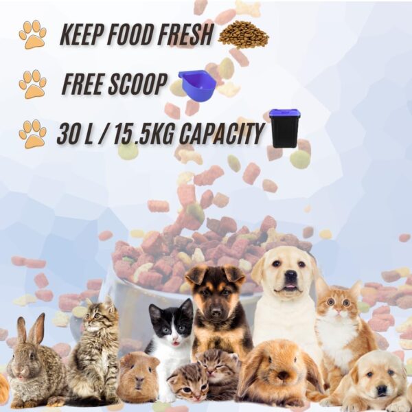Pet Food Storage Container | Large 30L/15.5kg Plastic Storage Bin with Food Scoop & Flip-Top Locking Lid | Ideal for Storing Dog Treats, Dog Food, Cat Food & Kitten Supplies