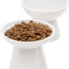 2 Elevated Ceramic Cat Bowls Extra Wide for Food & Water – Whisker Fatigue Shallow Food Dish, Lead & Cadmium-Free, Raised Height for Cats and Dogs, Two Different Depth Bowls, White