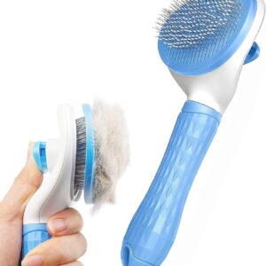 Dog Brush Cat Grooming Comb,Self Cleaning Slicker Brushes with Smooth handle,Pet Tool Button for Shedding Tools Massage Clean Tangled (Blue)