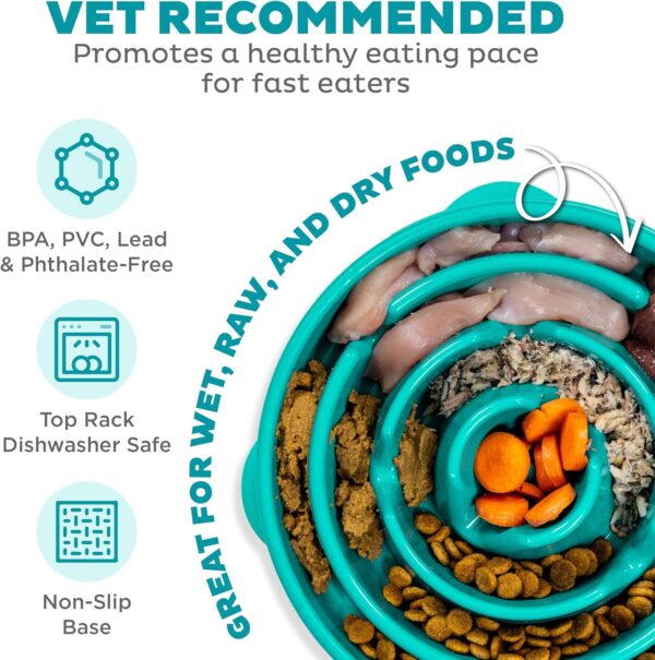Slow Feeder Dog Bowl - Makes Meal Time Fun, Slows Down Eating, Promotes Healthy Digestion, Prevents Bloat | Slip Resistant and Durable, Food and Water Bowl, Size Large (Turquoise)