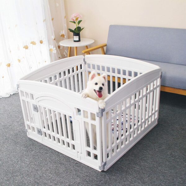 Pet Playpen Foldable Gate for Dogs Heavy Plastic Puppy Exercise Pen with Door Portable Indoor Outdoor Small Pets Fence Puppies Folding Cage 4 Panels Medium Animals House Supplies (33.5x33.5 inches)
